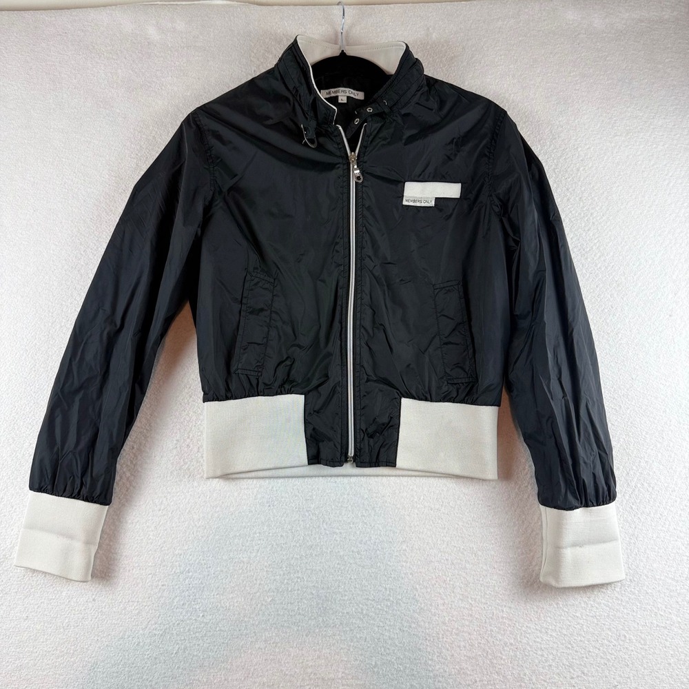 Members Only Black Bomber Jacket Cream Ribbed Trim Mens Large Zip Up Windbreaker